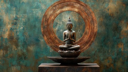 A serene Buddha statue sits in meditation, surrounded by a detailed bronze halo, set against a textured teal and gold background.
