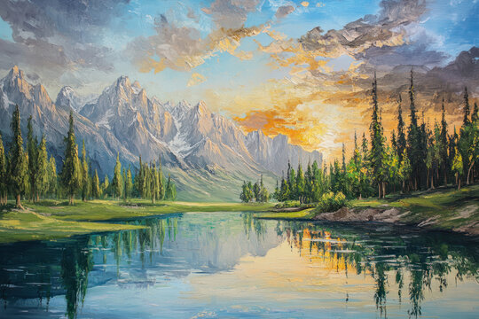 oil painting of Beautiful natural landscape of Pakistan hill in the morning