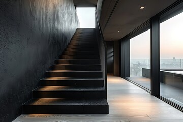 Fototapeta premium A staircase leading to a room with a view of the city
