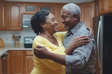 Happy moment of an African American retired couple dancing together in the kitchen. a long-lasting love Take care of each other