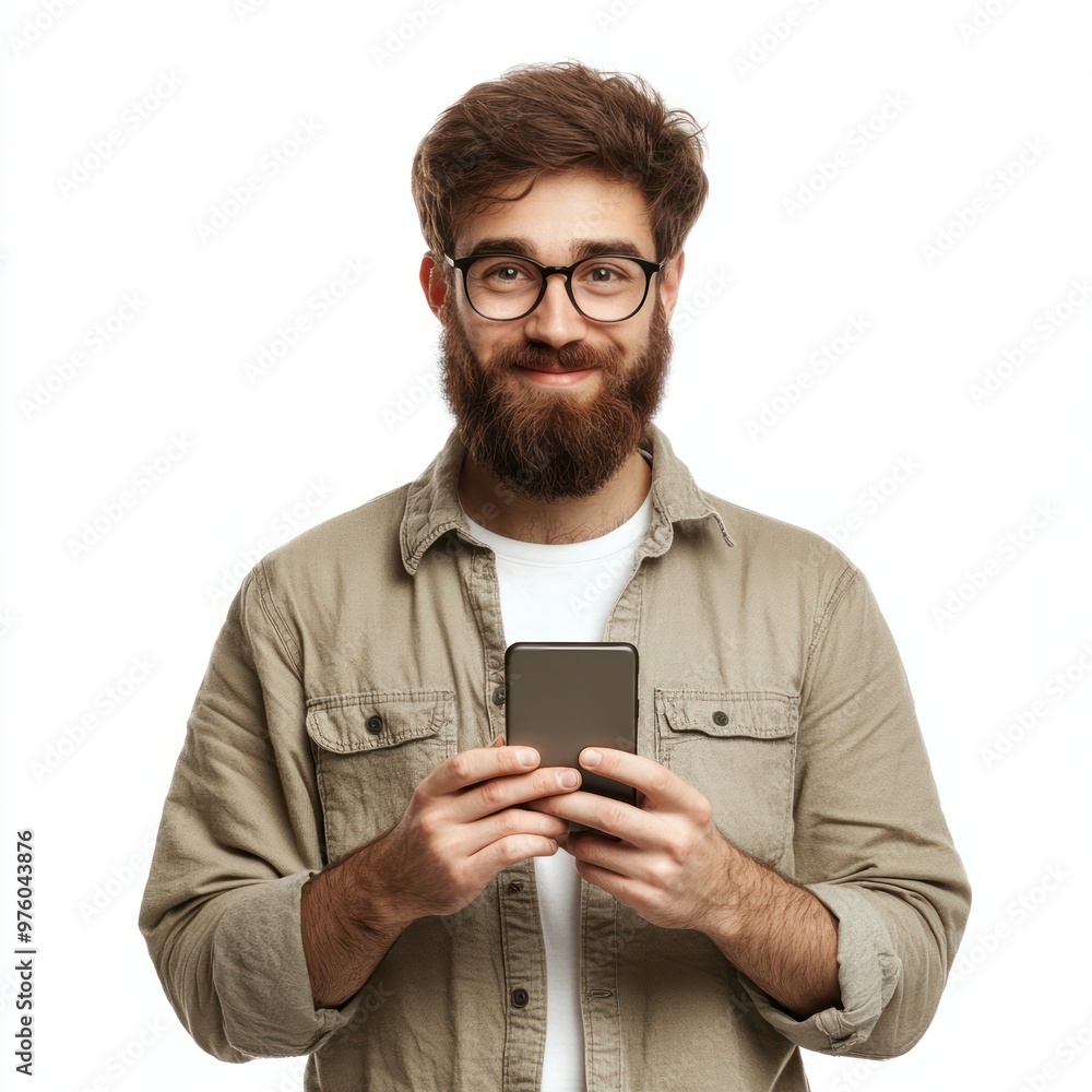 Poster young man student hipster blogger glasses hold modern smart phone smile at screen read text message 
