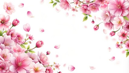 Beautiful floral border of pink flying flowers and petals on white background, floral, border, pink, flying