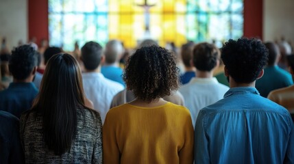 A diverse group of people stand together in worship inside a modern community church.