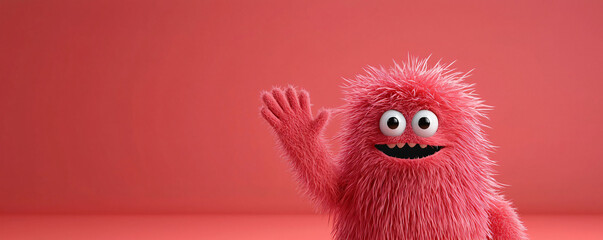 Fluffy furry monster waving goodbye in cheerful manner, set against vibrant pink background. This animated character brings joy and playfulness to any scene