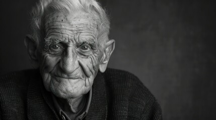 Black and white studio portrait of an elderly man with a wise expression