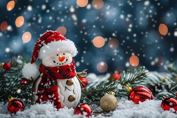 Fototapeta premium Christmas postcard, Happy snowman standing in landscape. Snow background with copy space, Two cheerful snowmen dressed in red hats and scarves, surrounded by Christmas decorations, 