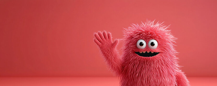 Fluffy furry monster waving goodbye in cheerful manner, set against vibrant pink background. This animated character brings joy and playfulness to any scene