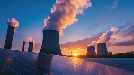 A nuclear power plant emits thick smoke from cooling towers at sunset, highlighting the contrast between energy production and nature.