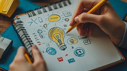 Creative Business Concept Branding Goals Hands sketching brand ideas on a notepad, showcasing creative business planning, no face, flat design illustration