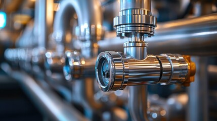 Fototapeta premium Close-up view of metal industrial valves and pipelines with sunlight, highlighting manufacturing, energy, and engineering processes in an industrial facility.