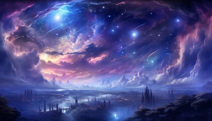 A magical illustration of unicorns prancing under a starry sapphire sky
