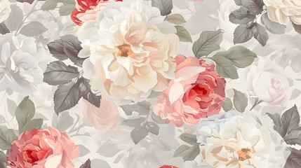 Fototapeta premium Floral pattern background featuring delicate roses and peonies in muted pastel tones.