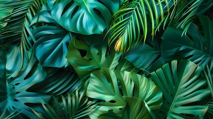 Fototapeta premium Tropical leaf pattern in vibrant green and turquoise, creating a fresh, natural atmosphere.