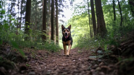 A cheerful dog walks through a serene forest trail, surrounded by lush greenery and tall trees on a summer day.