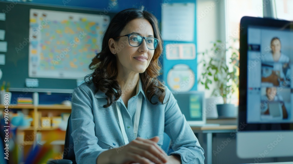 Poster female school college math teacher teaching online remote virtual class in classroom talking to web 