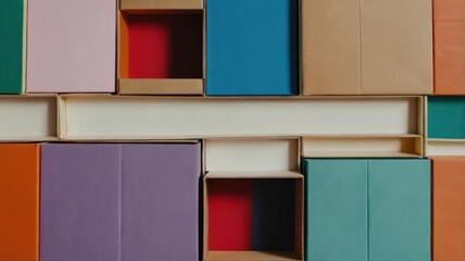 colorful boxes on a shelf