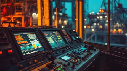 Obraz premium Close-up of a control panel with digital screens on an offshore platform at dusk, with blurred background lights from the rig.