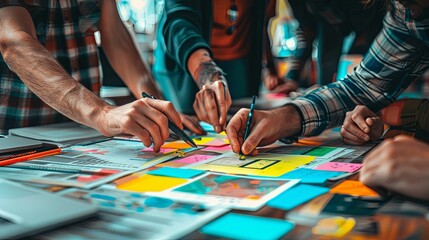 Close-up of a Collaborative Brainstorming Session with Sticky Notes and Pens