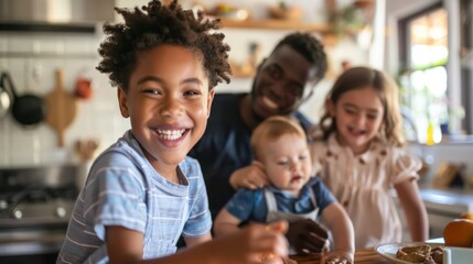 Obraz premium Happy mixed race kids playing together, teen brother helping with baby child sister while multiracial parents African American father and Caucasian mother cooking and distance remote working at home.