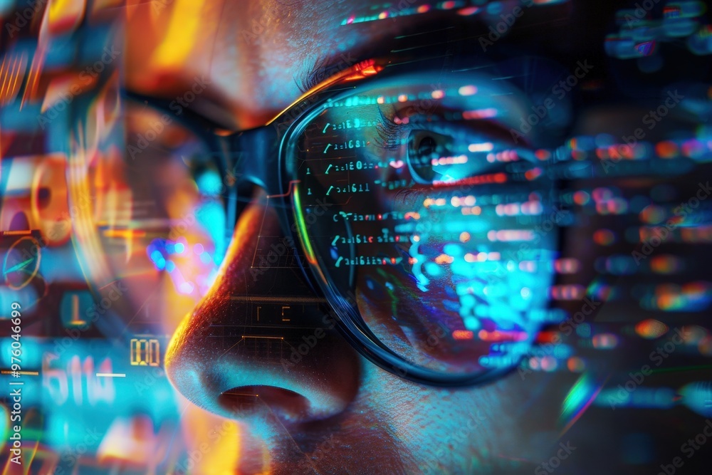 Poster code in sight: a close-up of a tech-savvy individual, their glasses reflecting lines of vibrant code