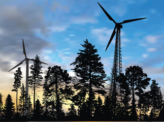 wind power generator two silhouettes in forest landscape