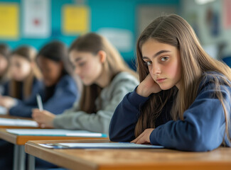 A teenage girl sits in a classroom, appearing thoughtful and pensive while other students focus on their work. The scene captures a quiet academic moment