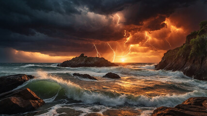 Fototapeta premium Stunning lightning storm over a serene landscape with dramatic skies and a small water stream below.