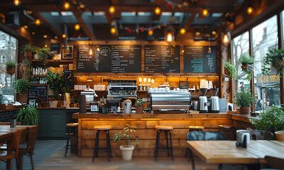 Cinematic shot of the exterior of a coffee shop in London