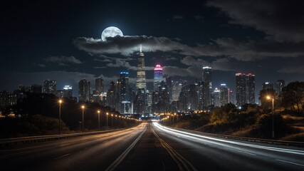 Fototapeta premium Stunning cityscape at night featuring tall buildings, illuminated roads under a radiant full moon sky.
