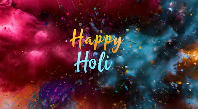 Holi gulal and text "Happy Holi", explosions of colored powder everywhere in the air, only colors