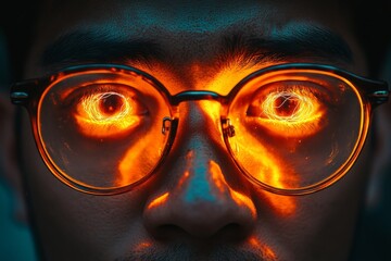 Close up of a man with glowing orange eyes symbolizing power intellect and the futuristic fusion of technology with human perception