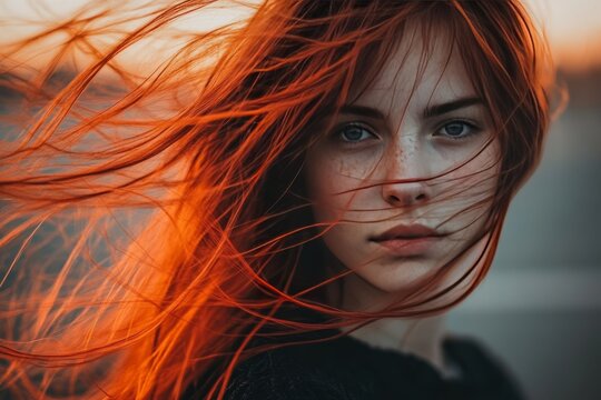 Portrait of a woman with flowing red hair symbolizing freedom creativity and the dynamic energy of personal expression in a vibrant natural setting