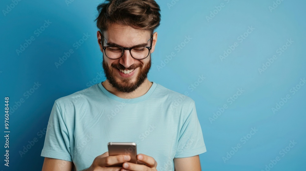 Poster smiling bearded young man student hipster fun blogger glasses hold use modern smart phone smile at s