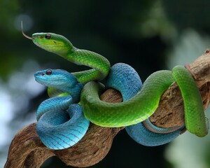 Potrait Blue insularis and Trimeresurus albolabris closeup on branch, Indonesian viper snake closeup, 15 September 2024 Indonesia