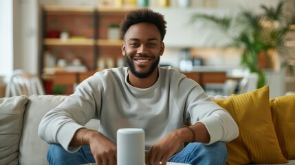 Smiling young man relax on sofa look at camera use small portable wireless speaker assistant on table, happy guy enjoy mini bluetooth stereo gadget for sound digital assistance at smart home concept