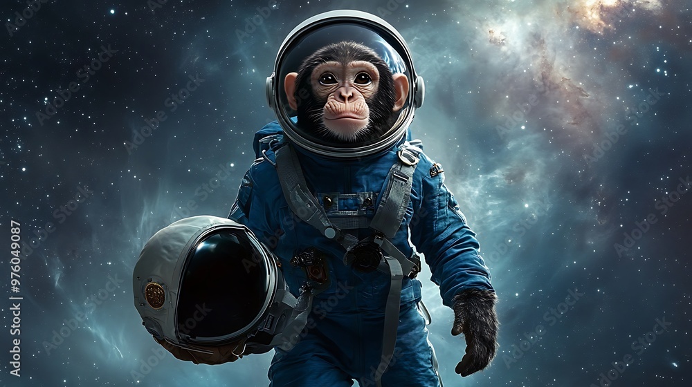 Poster curious monkey astronaut floating in zero gravity with nebula background