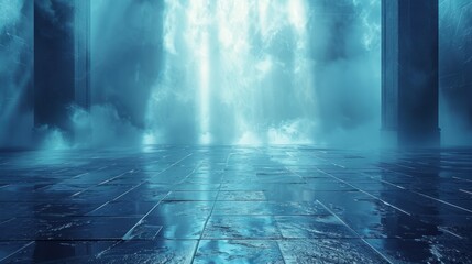 Fototapeta premium Abstract white background, misty blue light rays, and reflections on a wet asphalt floor. Empty scene for product display presentation design.