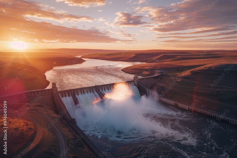 Wall mural Stunning sunset over a majestic dam. The sun casts warm colors on flowing water. Nature and engineering blend beautifully in this serene landscape. Generative AI