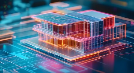 A holographic representation of an architectural design, showcasing the exterior and interior layout of a modern home. The concept of Digital Building Information Modeling (BIM) engineers. 