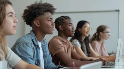 Young creative group four multicultural happy students working on project sitting at desk together in classroom office using laptops computers with blank empty mockup screen for ads