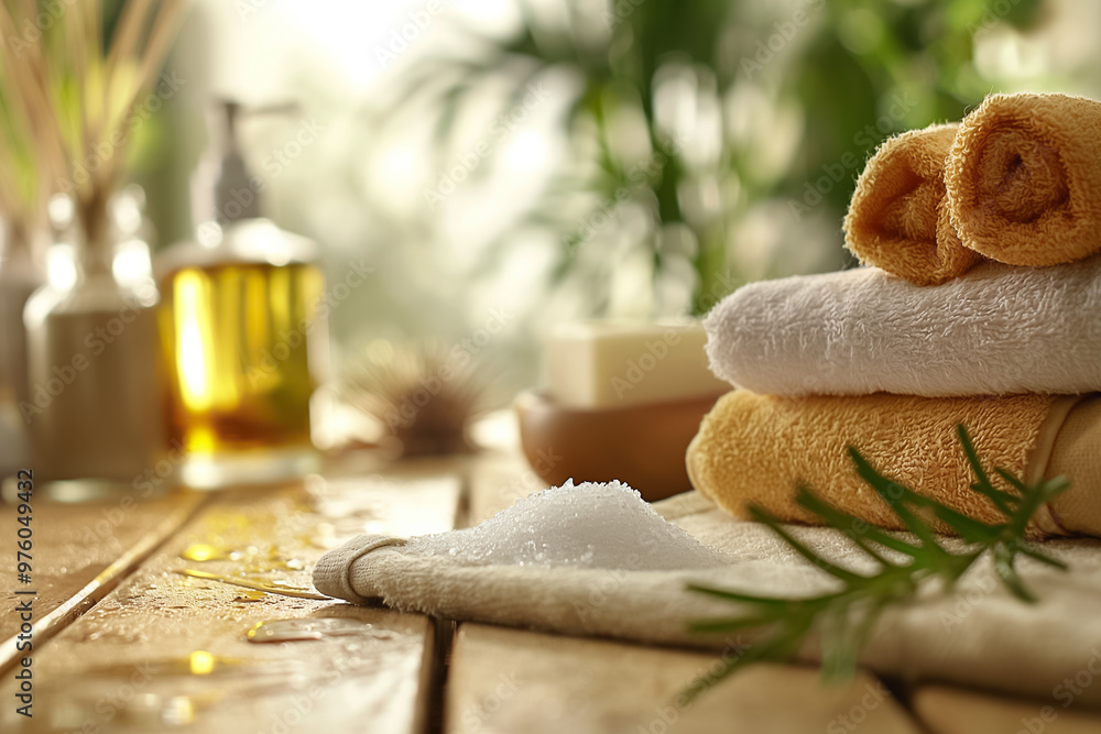 Poster soft, rolled towels in calming colors are neatly arranged on a rustic wooden table, with essential o