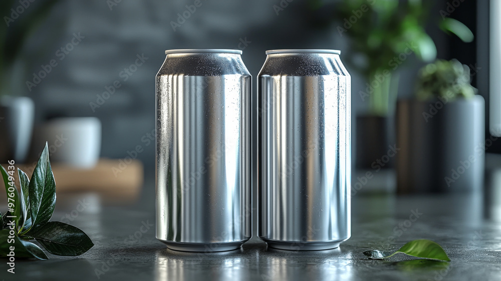 Wall mural Two silver cans on a table with green leaves.