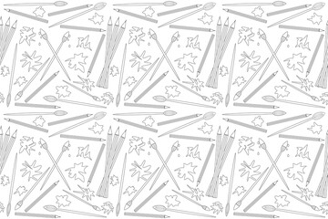 Seamless vector pattern for a back-to-school-themed coloring book featuring art supplies like pencils, brushes, and paint splatters.