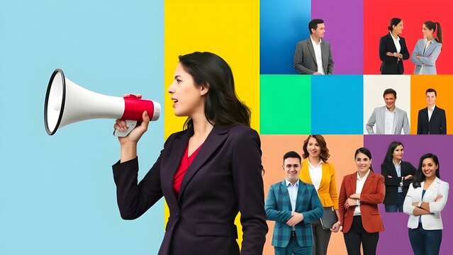 Contemporary art collage. Woman, leader using megaphone, with various business people in vibrant color blocks reacting. Concept of business development and collaboration, teamwork, teambuilding. 