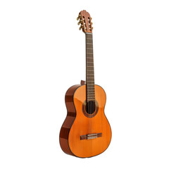 Naklejka premium A detailed view of a classic acoustic guitar standing upright on a plain background showcasing its exquisite wooden craftsmanship