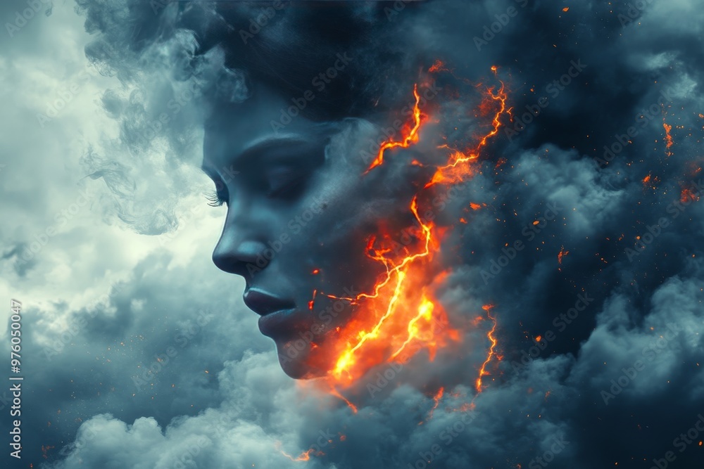 Poster fiery profile of a woman dissolving into smoke symbolizing transformation personal strength and the 