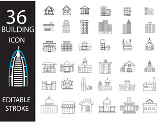 Building icon pack, Big City Buildings Linear Icons Set: Urban Architecture, Monuments, Educational Centres, and Residential Buildings on white background. Houses exterior black  vector icons set.