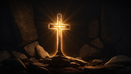 Illuminated stone cross glowing amidst a rocky scene with a spiritual ambiance