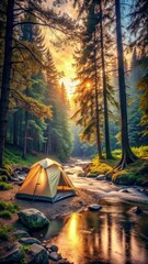 Cozy forest river camping with sunset reflections near a tent in a natural landscape. Generative AI