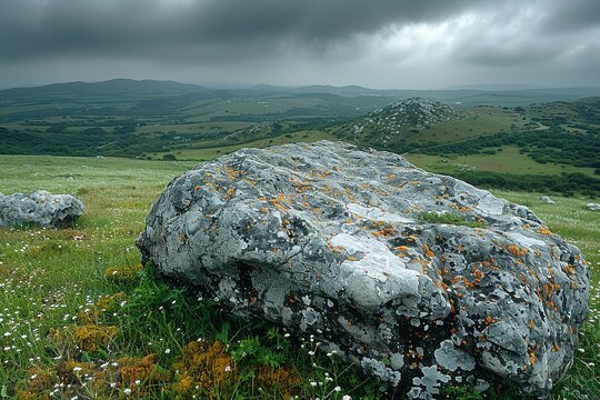 A large rock sits in a field of grass